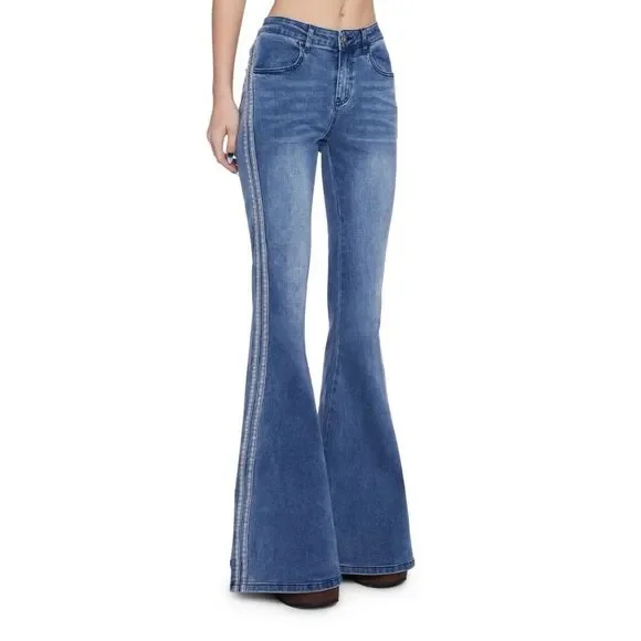 DELIA*S TOTALLY TRIPPIN FLARED SIDE STRIPE STRETCH JEANS Y2K SIZE MEDIUM - Picture 2 of 13